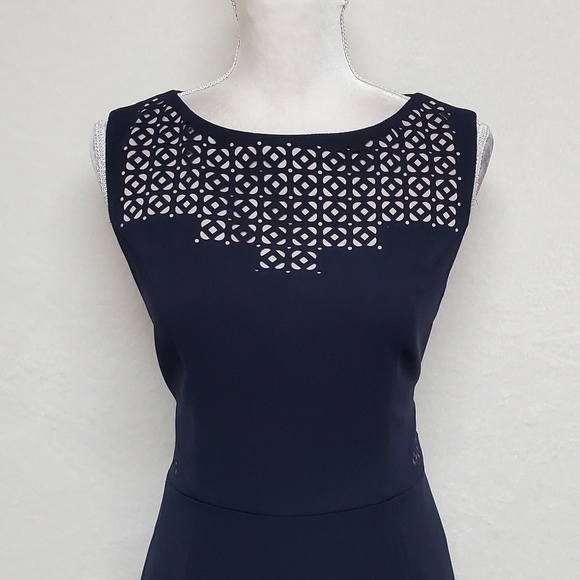 ANNE Klein Navy Blue Sleeveless Fit & Flare Lazer Cut Natural Waist Midi Dress - Picture 3 of 12